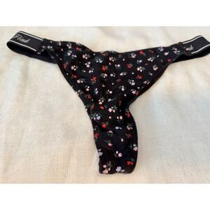 Victoria's Secret Pink Panty Black Floral Thong w/Logo Waistband M/170/72A NWT